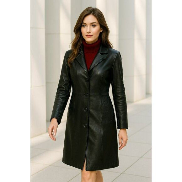 Wilsons Leather Pelle Studio Womens Medium Long Italian Leather Trench Coat Blac - Picture 9 of 13